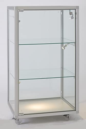 MHN Halbhohe Glasvitrine T 41,5 x B 51,5 x H 95 cm - schmale Thekenvitrine Glas abschließbar - Flache Alu-Glas Verkaufsvitrine - Spiegel-Rückwand - ohne Beleuchtung