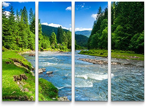 Paul Sinus Art Leinwandbilder | Bilder Leinwand 130x90cm 4 Teile wunderschöne Landschaft mit Bergen, Wald und Bach