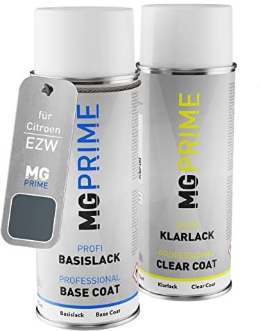 MG PRIME Peinture voiture Bombe aérosol pour Citroen EZW Gris Fer Na. +1K | Eisengrau Metallic / Gris Fer Nacre Metallic, Kit peinture de base + vernis, bombes aérosols 400ml
