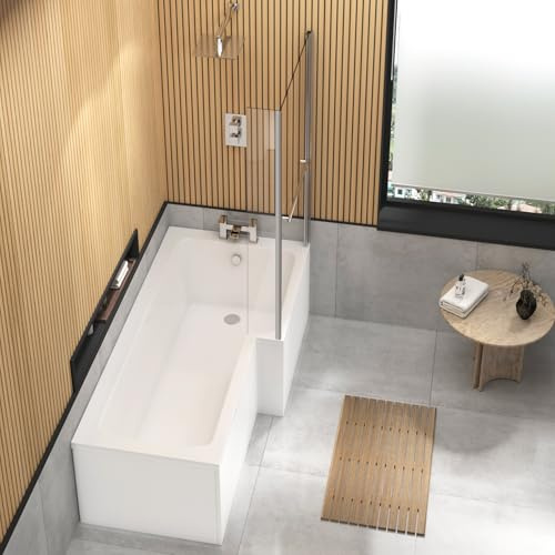 Qubix 1700 x 850mm Right Hand L-Shaped Shower Bath Acrylic Bathtub with Front Panel + Glass Shower Fixed Screen