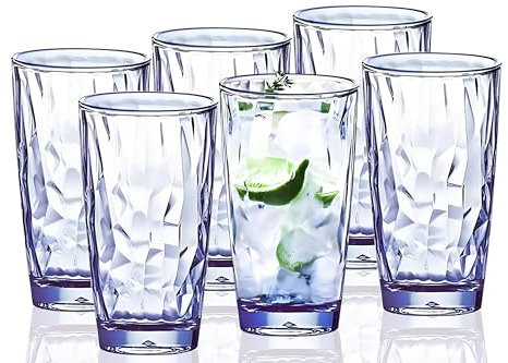 15Oz Unbreakable Tritan Drinking Glasses Shatterproof Acrylic Glasses Drinkware BPA Free Hard Plastic Cups Reusable Kitchen Water Glasses Drinking Set of 6 (Blue)