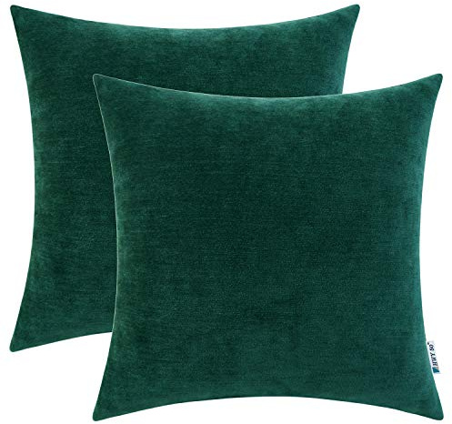 HWY 50 Kissenbezug aus Chenille Weich Dunkelgrün 50 x 50 cm 2er Set | Kuschelige, Hochwertige Kissenhülle in Moderner Dekorativer Unifarbe, Zierkissenbezug für Sofa Bett Wohnzimmer