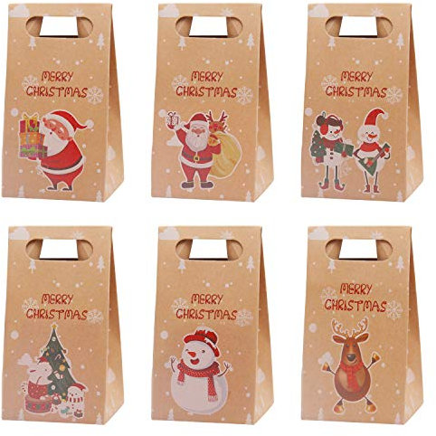 Belle Vous Geschenktüten für Nikolaus und Weihnachten (24 Stk.) - 15 x 8 x 6 cm Nikolaustüte - Weihnachtstüten aus Kraftpapier - 6 Motive - 24x faltbare Geschenktüte