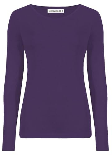 janisramone Womens Ladies Round Neck Long Sleeve T-Shirt Stretchy Plain Fitted Basic Jersey Casual Tee Top Purple