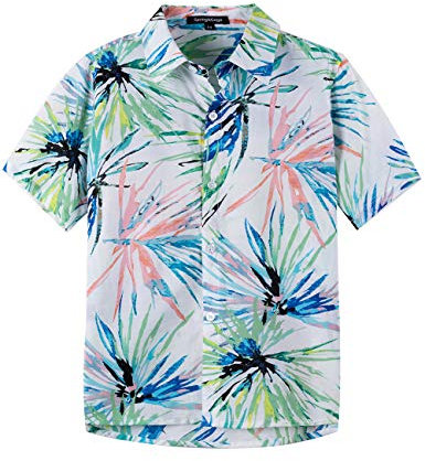 Spring&Gege Jungen Kurzarm Hawaiihemd Cartoon Print Unisex Button Down Lustig Shirts, Weißes Blatt, 152-158