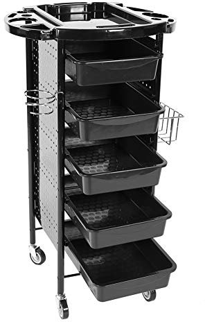 Ejoyous Friseurwagen, Rollwagen mit 5 Schubladen, Professionelles Friseurzubehör, Bedienungswagen, Salonhilfe, Friseur Arbeitswagen, Wagen, Trolley, Schwarz, Eisen, 53 x 44 x 95 cm