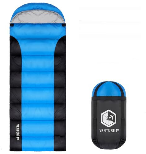 VENTURE 4TH Sommer-Rucksack-Schlafsack, Einzelbett, normale Größe, Camping-Schlafsäcke für Erwachsene und Kinder, leicht, wasserabweisend, ideal zum Wandern, Camping und Outdoor, Blau/Schwarz
