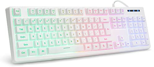 HUO JI White Gaming Keyboard USB Wired with Rainbow LED Backlit, Quiet Floating Keys, Mechanical Feeling, Spill Resistant, Ergonomic for Xbox, PS Series, Desktop, Computer, PC