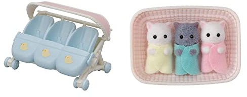 Sylvanian Families 5458 Perserkatzen Drillinge - Figuren für Puppenhaus & 5533 Drillings-Kinderwagen - Puppenhaus Spielset, Multicolour