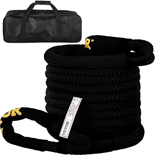 VEVOR 1-1/4 x 31.5' Kinetic Recovery & Tow Rope, 52,300 lbs, Heavy Duty Nylon Double Braided Kinetic Energy Rope, for Truck Off-Road Vehicle ATV UTV, Carry Bag Included, Black