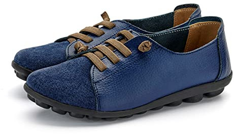 BININBOX Damen Leder Freizeitschuhe Sportschuhe,Farbblocking rutschfeste Schnürschuhe Flache Zweifarbig Mutter Schuhe Walking Shoes(Blau,Größe 35