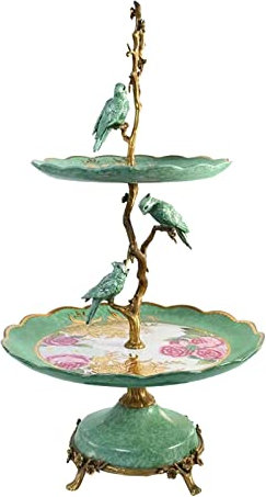 AVLUZ High-end Fruit Bowl, 2-Tier Luxury Ceramic Brass Cake Dessert Display Stand, Dried Fruit Plate Rack Snacks Candy Buffet Holder, Exquisite Decorative Ornaments