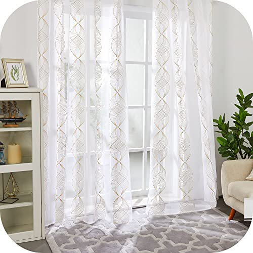 Deconovo Voile Vorhang Leinenoptik Ösenvorhang Transparent Dekoschal mit Stickerei Blatt, 260x140 cm(HöhexBreite), Leinen, 2er Set