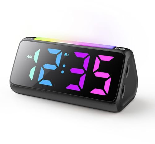 Netzu Wecker Digital, Digitaler Wecker Kinder mit Licht, Bunter LED Anzeige, 0-100% Helligkeitsdimmer, 2 Alarme, Snooze, 3 Wecklautstärke, USB Ladeanschluss, Kinderwecker für Schlafzimmer