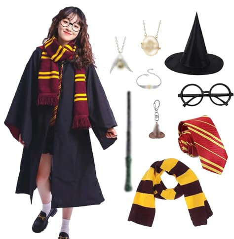 JMOCD Magier Robe, Cosplay Kostüm mit Magier Robe,Gestreifte Krawatte,Hut,Zauberstab,Halstuch,Brille,Vintage-Armband,Halskette,Schlüsselbund für Halloween (125-135cm) (Rot, 155)
