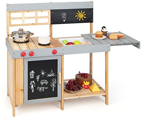 DREAMADE Matschküche Kinder Outdoor mit beweglicher Arbeitsplatte, Kinder Outdoor-Küche Spielset mit Waschbecken und Tafeln, Spielküche Kinderküche aus Holz für Garten für Jungen und Mädchen ab 3