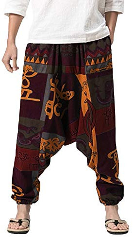 Haremshose Herren Boho Lang Drawstring Belt Hose Herren Yoga-Hosen für Herren mit Taschen Elastischer Bund Entspannt Übergröße Pluderhose Herren Herren Aladinhose Mehrfarbig L