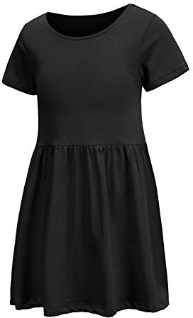 Aisyee Girls Dress Cotton Short Sleeve Casual Black Dresses for Girls Kids Twirly A-line Skater Dress for School Party Age 11-12 Years