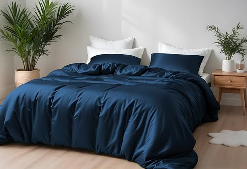 LINENWALAS Bamboo Bed Linen Set, Premium Bamboo Silk Duvet Cover Set with Pillowcase, 3-Piece Bedding Set, 200x200 cm Luxury, Soft, Cooling Quilt Cover (Navy Blue)