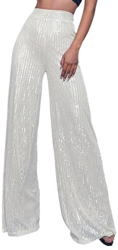 Glitzer Hose Damen, Elastische Festival Hip Hop Verziert mit Pailletten High Waist Silber Jogginghose Weitbeinhosen Lang Party Glitzerhose Elegant Glänzende Hose Pailettenhose Rave Outfit