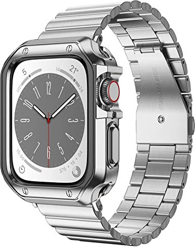 Compatible with Apple Watch Band and Case, Stainless Steel Metal Chain with TPU Cover, Smart-Watch Link Bracelet Strap, Wrist-Band for i-Watch Series 9 8 7 6 5 4 3 2 1 SE, 45mm 44mm 42mm, Silver