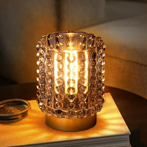 Battery Operated Lamp with Timer, Mini Crystal Table Lamps for Home Decor, Small Cordless Lamp for Areas No Outlets, Glass Battery Powered Lamps for Entryway, Bedroom, Bathroom, Shelf, Corner(Gray)