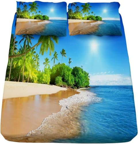 3D Tropisches Hawaii Spannbettlaken 180x200cm, Palme Weiches Mikrofaser Bettlaken für Erwachsene, Bettlaken Spannbetttuch 180x200 bis 30 cm Matratzenhöhe mit 2 kissenbezüge a2337