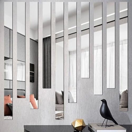 ReachMall 10 pegatinas de pared de espejo, tira larga de acrílico para espejo automático, azulejos de mosaico para dormitorio, sala de estar, comedor, plata, 5 cm x 50 cm x 2 cm