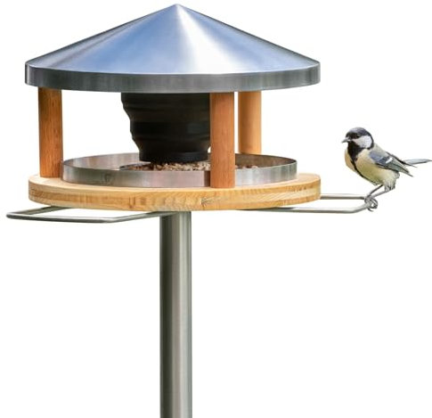 LicusDesign Vogelhaus mit Ständer wetterfest aus Edelstahl - Stabiles Vogelfutterhaus für draußen, modern aus Metall - Vogelfutterstation - Futterhaus für Vögel stehend