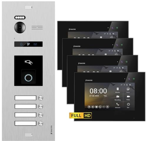 Balter EVO HD Silber/Schwarz Video Türsprechanlage mit Fingerprint Set für 4 Familienhaus (1x Türstation mit Full HD-Kamera, 4X 7 Zoll Monitor, 2-Draht Bus, RFID, 175° Weitwinkel)