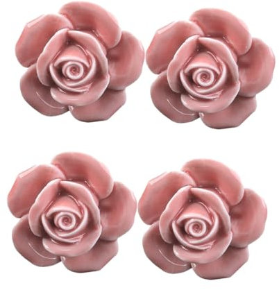 WOONEKY Keramik Küchen Schrankgriffe Rosa Rose 4 Stück Blumenförmige Schubladengriffe Mit Metallschrauben Für Kommode Tür Möbel Zubehör