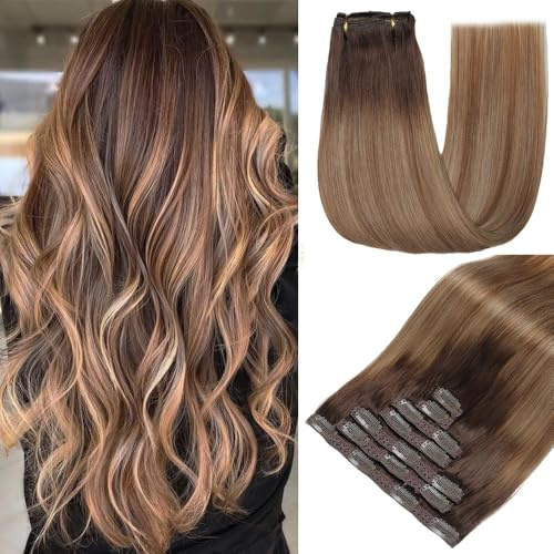 GUDOZO clip in extensions echthaar Kastanienbraun zu Hellbraun mit hellem Gold 7pcs 35cm 80g Echthaar extensions clip Nahtlose Echthaar Clip-In Volumen Damen