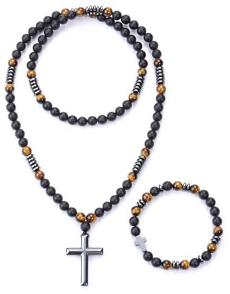 Jovivi Edelstein Herren Halskette mit Armband Set Tigerauge Achat Perlen Kette Natürliche Edelstein Heilsteine Kette mit Kreuz Anhänger Perlenkette Damen Männer Kette Amulett Spirituelle Geschenk