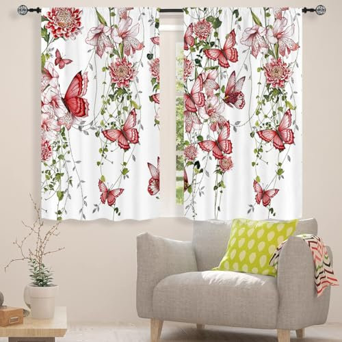 Famiffty Küchengardinen mit Blumenmuster, Schmetterling, Stangentasche, Rosa, Blume, Lavendel, Flieder, Frühling, Sommer, Blätter, kleine kurze Café-Vorhänge, Mädchen, Wildblumen-Fensterbehandlung,