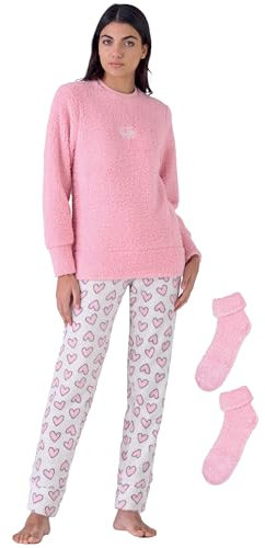 Pigiama Donna Pile Invernale + Calze Ciniglia Omaggio Pigiama Pile Coral Morbido Caldo scatolato Idea Regalo (IT, Testo, M, Regular, Regular, PELLICCIOTTO Rosa 955)