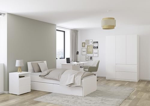 Rauch Möbel Joel, Jugendzimmer, komplettes Schlafzimmer, bestehend aus Bett mit Schubladen 90x200cm,1 Nachtisch, 1 Schreibtisch, Drehtürenschrank mit 2 Schubladen, Farbe Alpinweiß