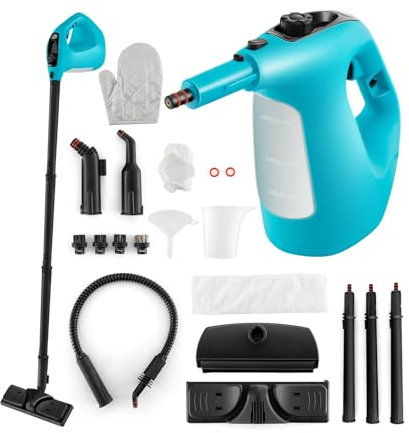 COSTWAY 1500W Pulitore a Vapore Portatile, Macchina a Vapore con Serbatoio d'Acqua da 400 ml Blocco per Bambini e Kit di Accessori da 14 Pezzi, 33x13x24,5 cm (Blu)