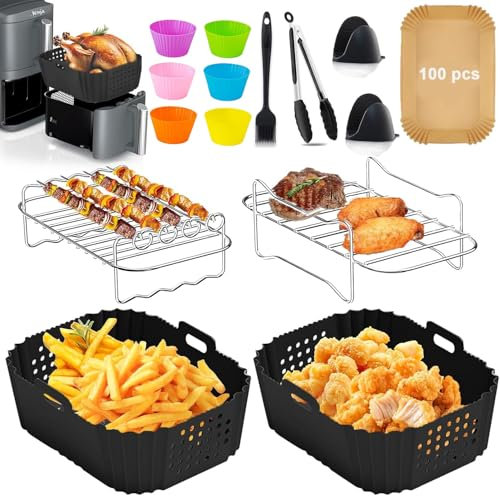 Air Fryer Accessoires pour Ninja Double Stack XL 9,5 L SL400EU, 15 Pièces Silicone Accessoires Air Fryer pour Ninja Foodi Dual Zone AF300EU 7,6 L, AF400EU AF451EU 9,5 L, Cookwise Dual Zone XL 9 L