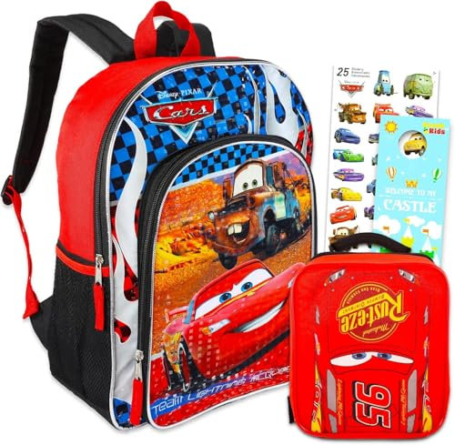Disney Cars Backpack with Lunch Bag Set - Bundle with 16” Disney Cars Backpack, Cars Lunch Bag, Stickers, More | Lightning McQueen School Supplies for Kids, Multicolor, Lightning McQueen Backpack for