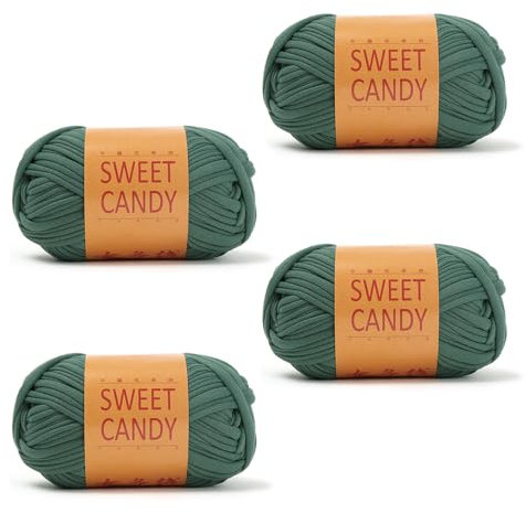 GIDWRIY 4 Pezzi Fettuccia per Borse a Uncinetto,Filati per Maglieria a Mano,Filato Grosso in Poliestere,Filato per Uncinetto Principianti,Filatos per Tessitura,Filati Cotone per Maglia-Verde