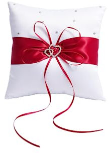 YuXinCat Ringkissen Hochzeit, Elegantes Design Mit Doppelten Herzen Und Strasssteinen, Ring Kissen für Hochzeit, Hochzeitsringkissen, aus Polyesterstoff mit Handwäsche, 20cm × 20cm (Red)