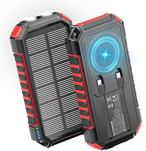 Cargador Solar Power Bank 27000mAh - Riapow 22,5W Carga Rápida Batería Externa Inalámbrica con 2 Cables Integrados y Linternas, USB C PD QC 3.0 Salida Cargador Portátil para Tablet Teléfono (Rojo)