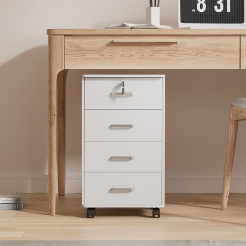 Warmiehomy 4 Drawer Filing Cabinet, Mobile Under Desk Drawers for Home Office, Lockable Small Filing Cabinet Office Storage on Wheels for Letter/A4/Legal, Printer Stand, 40 x 34 x 65 cm, White