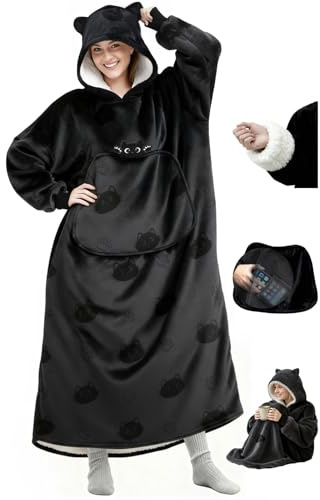 Mewaii Tragbare Decke mit Kapuze und Ärmeln,Kuscheldecke mit Handschuhen Weiche Flanell Sherpa Decke für Damen und Herren Ideal für Zuhause Reisen und Tierliebhaber - Schwarze Katze