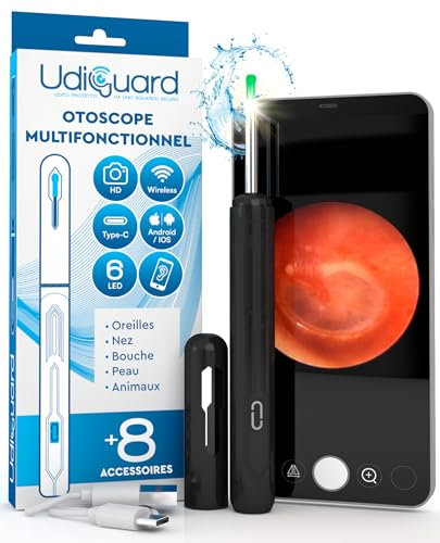 Otoscope Oreille avec Caméra 1920p 3,6mm Étanche WiFi Elimination du Cérumen - UdiGuard Endoscope Nettoyant Oreille Noir 6 Lumières LED Animaux Adultes Enfants - Compatible avec iPhone iPad Android