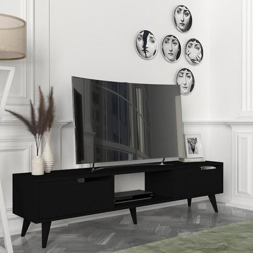 [en.casa] Meuble TV Support Télé 2 Portes Compartiment de Rangement Ouvert Passe-Câble Stable Élégant Moderne Salon Séjour Chambre Panneau de Particules 160 x 35 x 40 cm Noir