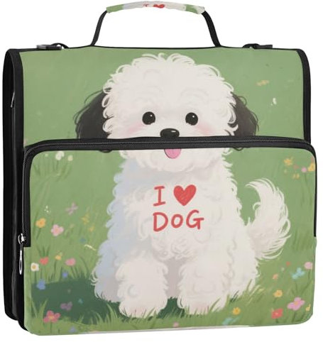 I Love Dog Aktenordner mit 3 Ringen, robuster Reißverschluss, mit Schultergurt und Griff, mehrere Taschen, tragbares Portfolio für Schule/Büro, Carpeta del organizador Grün