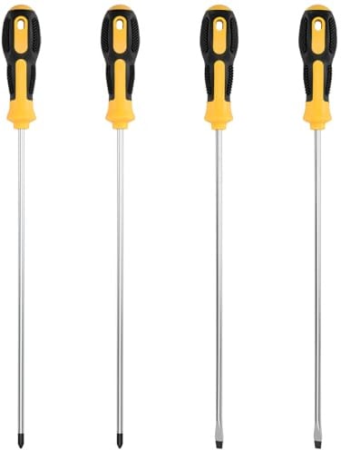 CHUENKUK 4 Stück Schraubendreher Lang Set, 41,5 cm Schwarz Gelber Griff Schraubendreher, 2 Flachschraubendreher Lang, 2 Kreuzschraubendreher Lang,Kohlenstoffstahl, für Professionelle Reparaturen