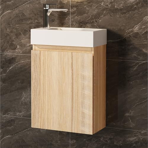 JINDOLI Waschtisch mit Unterschrank 40 cm- Badmöbel Set mit Waschbecken, Vormontiert Waschbeckenunterschrank Klein für Bäder, Gäste WC (inkl. Schwarz Armatur)