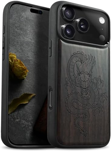 Carveit Holz Cover für iPhone 17 Pro, Dunklesholz-Drachen | Handyhulle kompatibel MagSafe Massivholz für iPhone 17 Pro Handyhülle Stoßstange Weich TPU Case